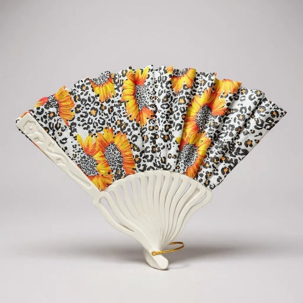 Sunflower & Leopard Print Folding Hand Fan – White Background